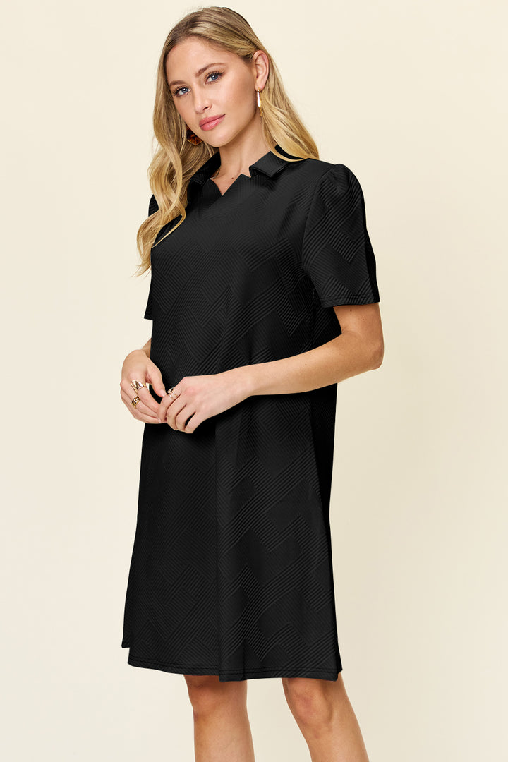 Double Take Full Size Texture Collared Neck Short Sleeve Dress | Trendsi