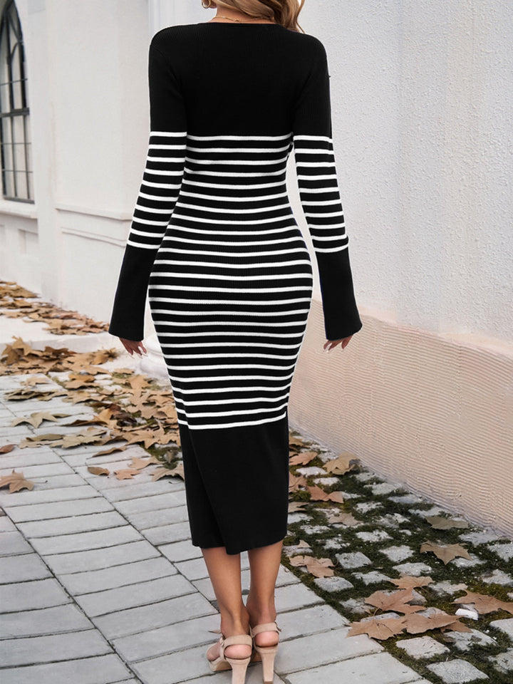 Striped V-Neck Long Sleeve Sweater Dress | Trendsi