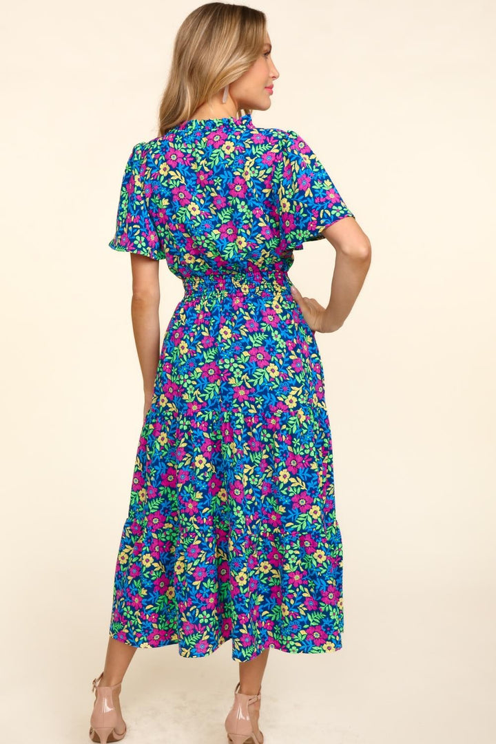 Haptics Printed Notched Short Sleeve Dress with Pockets | Trendsi