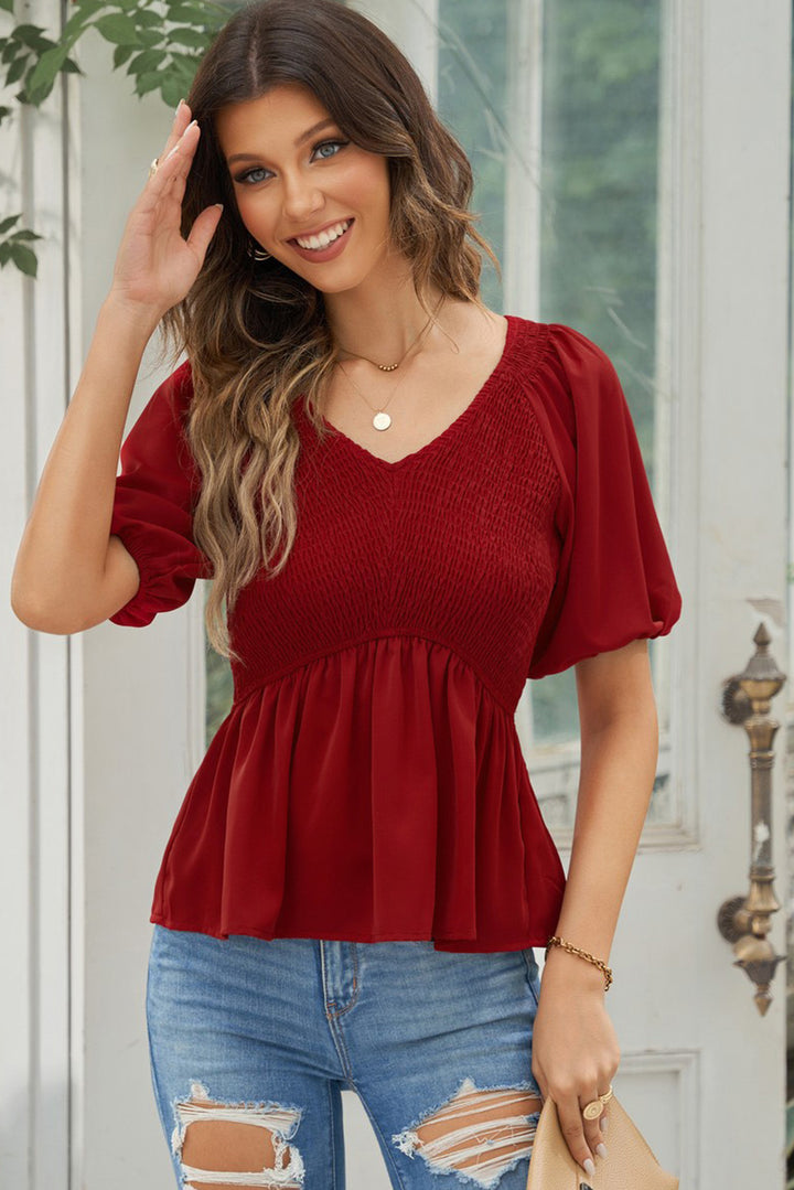 Smocked Balloon Sleeve Peplum Blouse | Trendsi