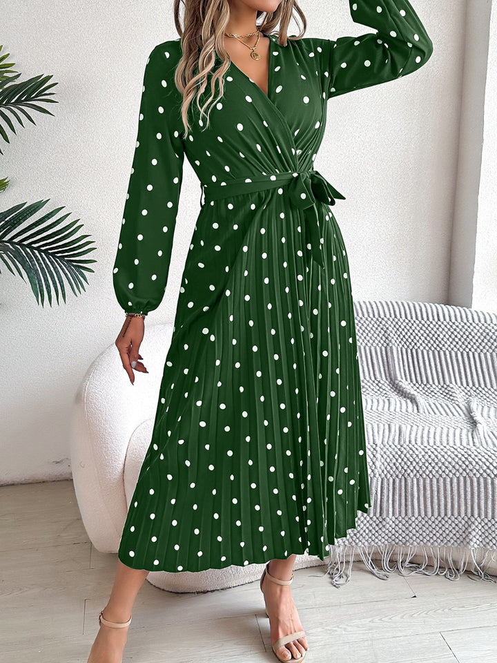 Tied Polka Dot Long Sleeve Midi Dress | Trendsi