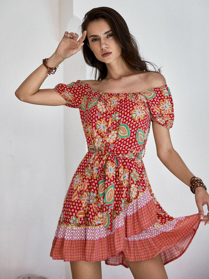 Printed Short Sleeve Tie Waist Mini Dress | Trendsi