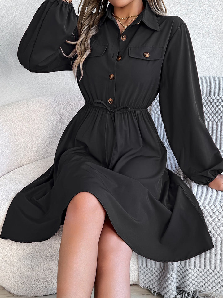 Collared Neck Long Sleeve Dress with Pockets | Trendsi