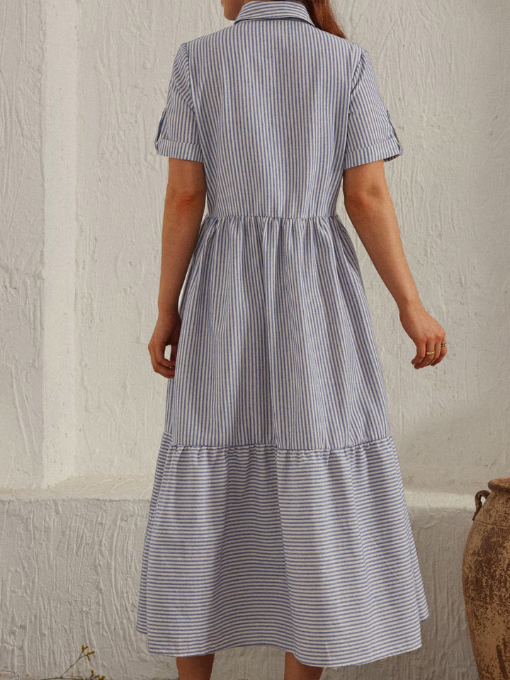 Striped Collared Neck Short Sleeve Dress | Trendsi