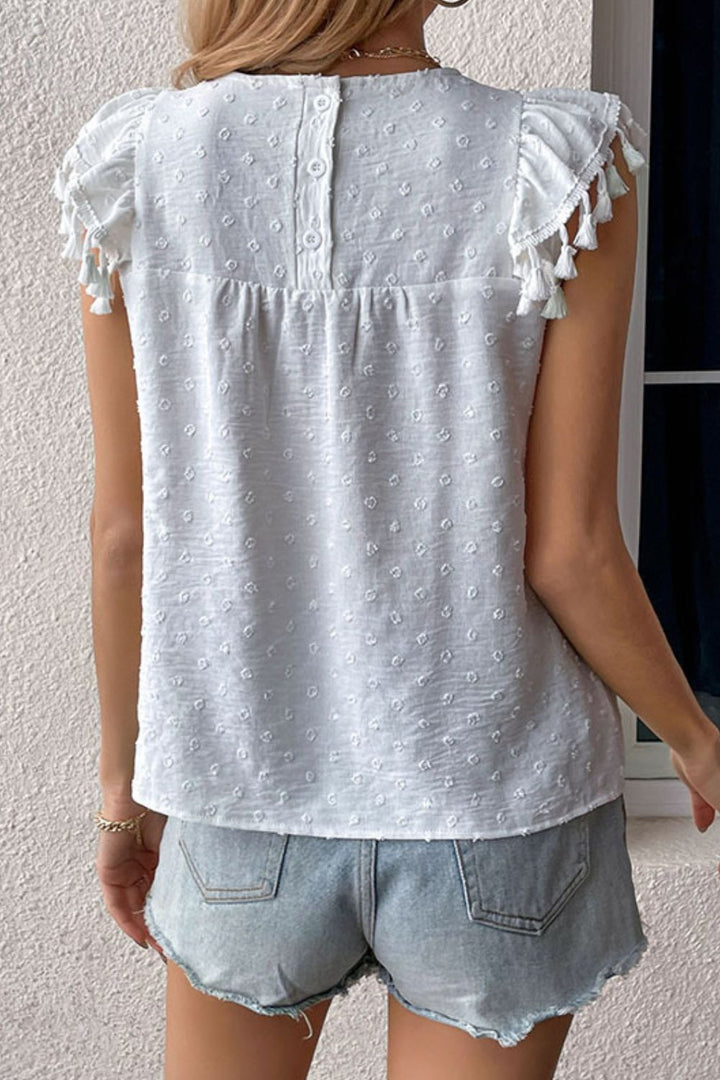 Perfee Swiss Dot Tassel Detail Round Neck Blouse | Trendsi