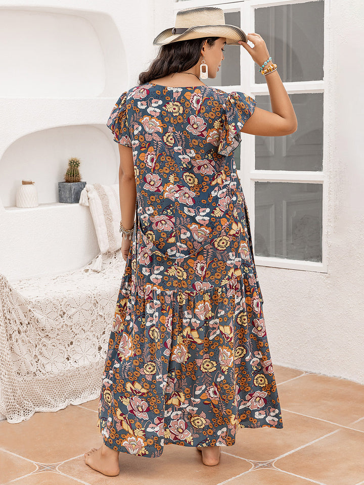 Plus Size Ruffled Printed Cap Sleeve Dress | Trendsi