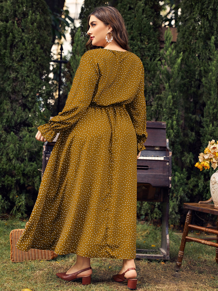 Plus Size Ruffled Polka Dot Long Sleeve Midi Dress | Trendsi