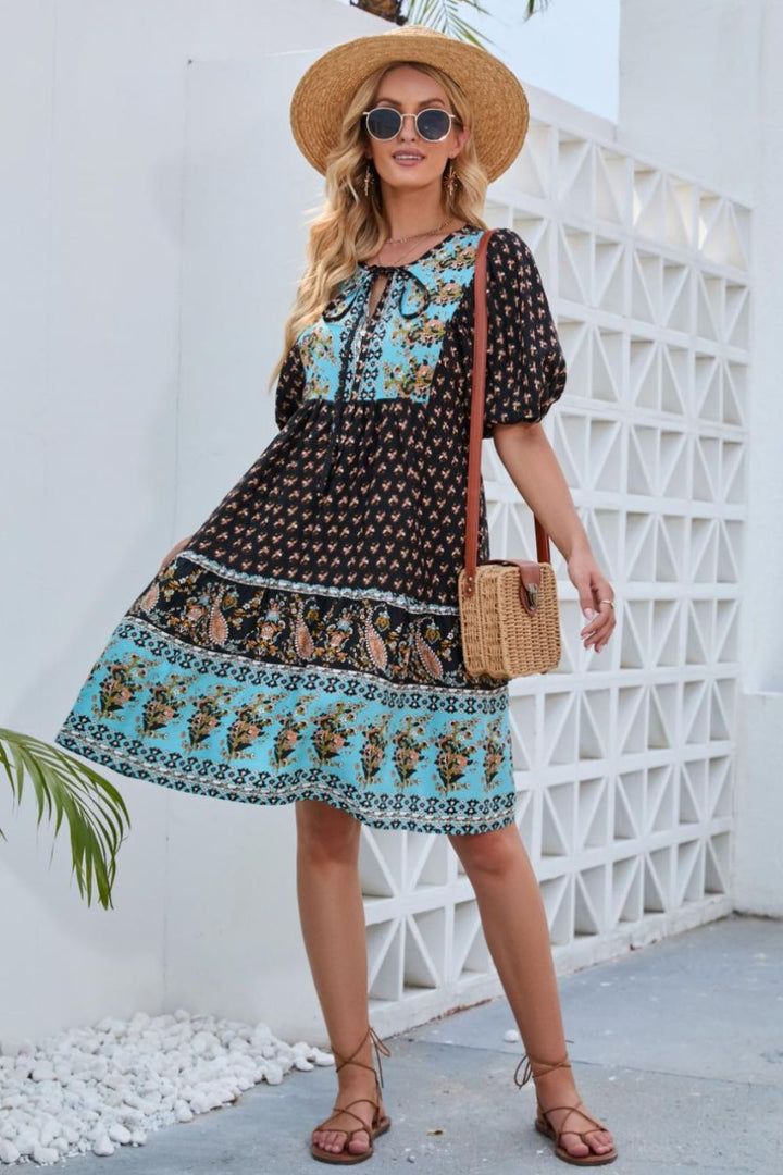 Printed Tie Neck Half Sleeve Dress | Trendsi