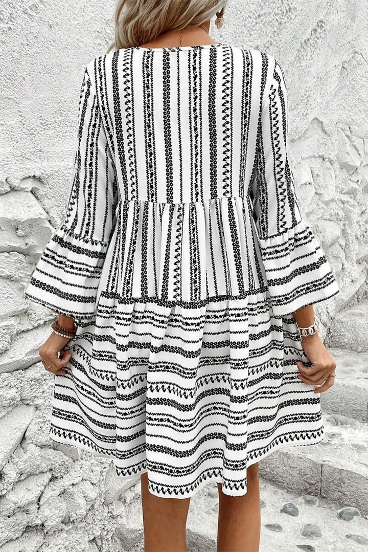 Printed Tie Neck Three-Quarter Sleeve Mini Dress | Trendsi