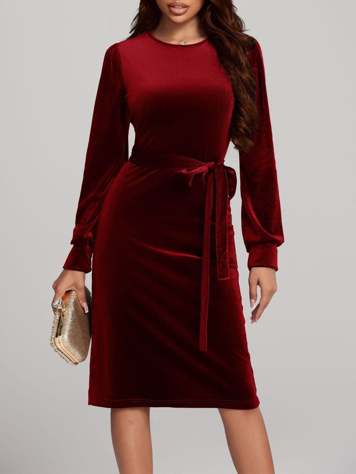 Round Neck Tie Waist Long Sleeve Velvet Dress | Trendsi