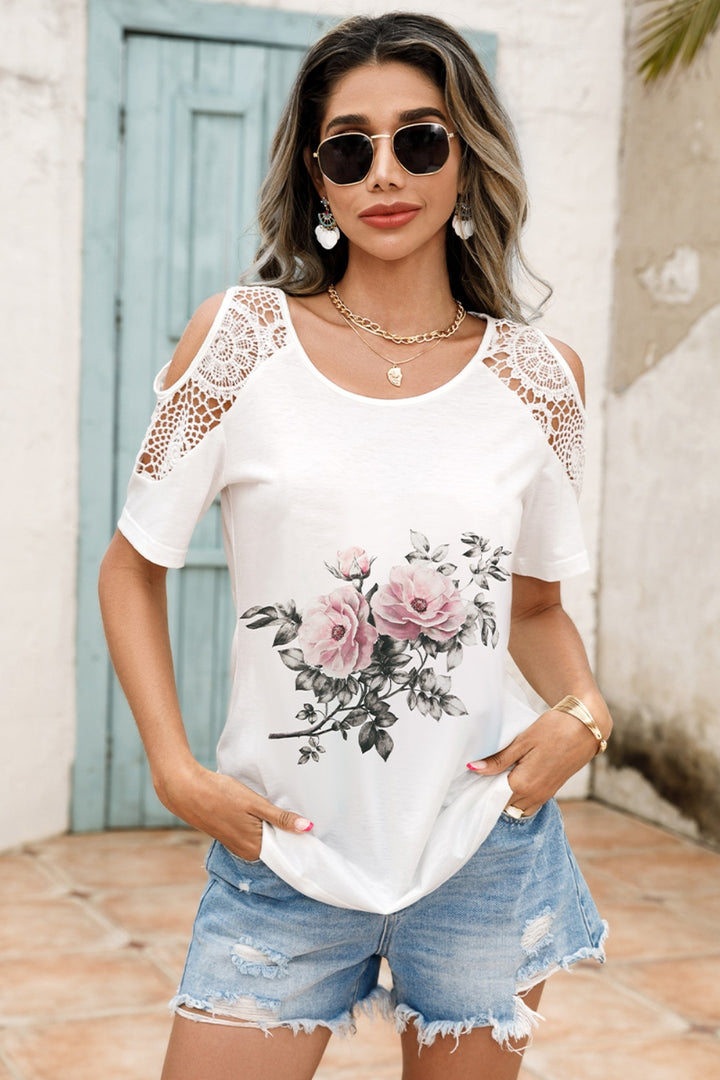 Lace Detail Round Neck Cold Shoulder Blouse | Trendsi