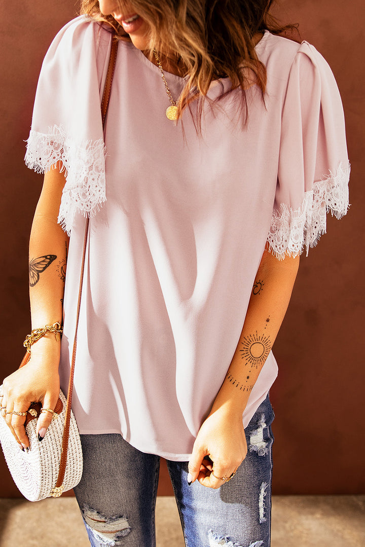 Lace Trim Flutter Sleeve Blouse | Trendsi