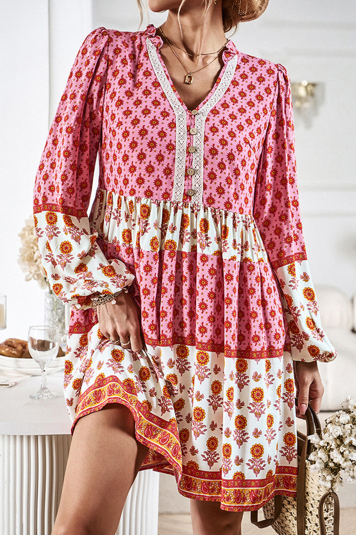 Printed V-Neck Long Sleeve Dress | Trendsi