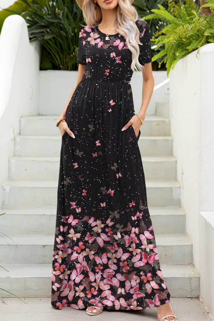 Printed Round Neck Short Sleeve Maxi Dress | Trendsi