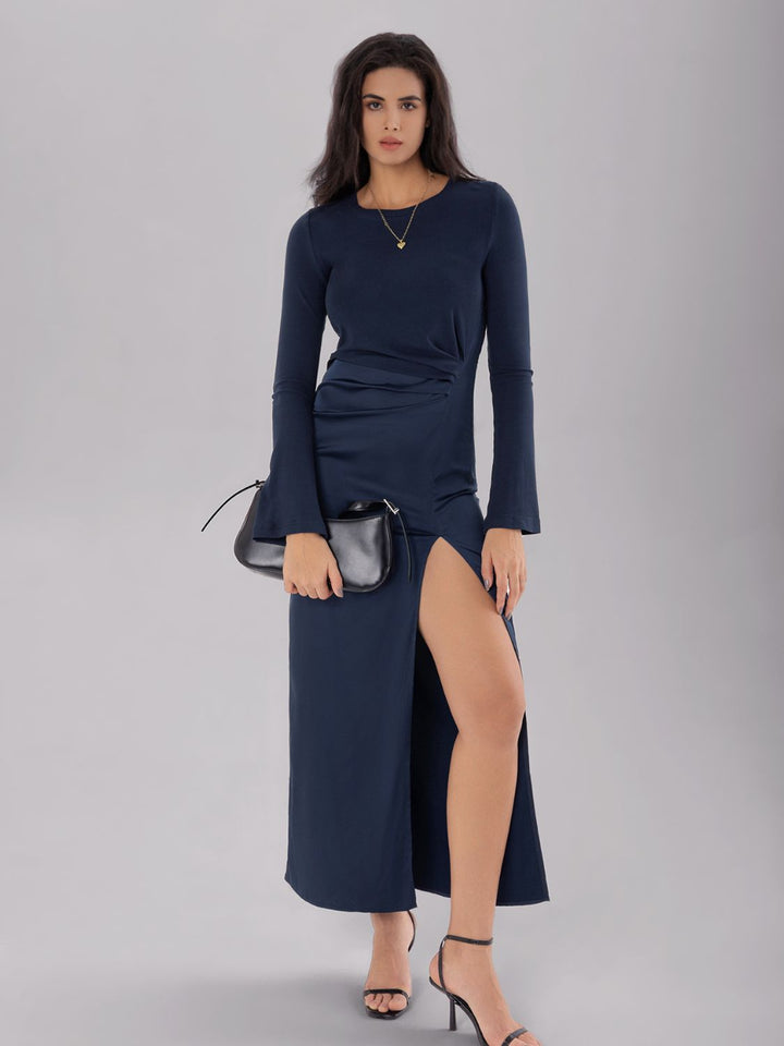 Split Round Neck Long Sleeve Midi Dress | Trendsi