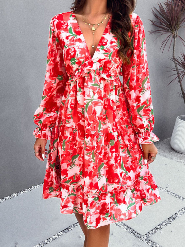 Backless Printed V-Neck Flounce Sleeve Dress | Trendsi