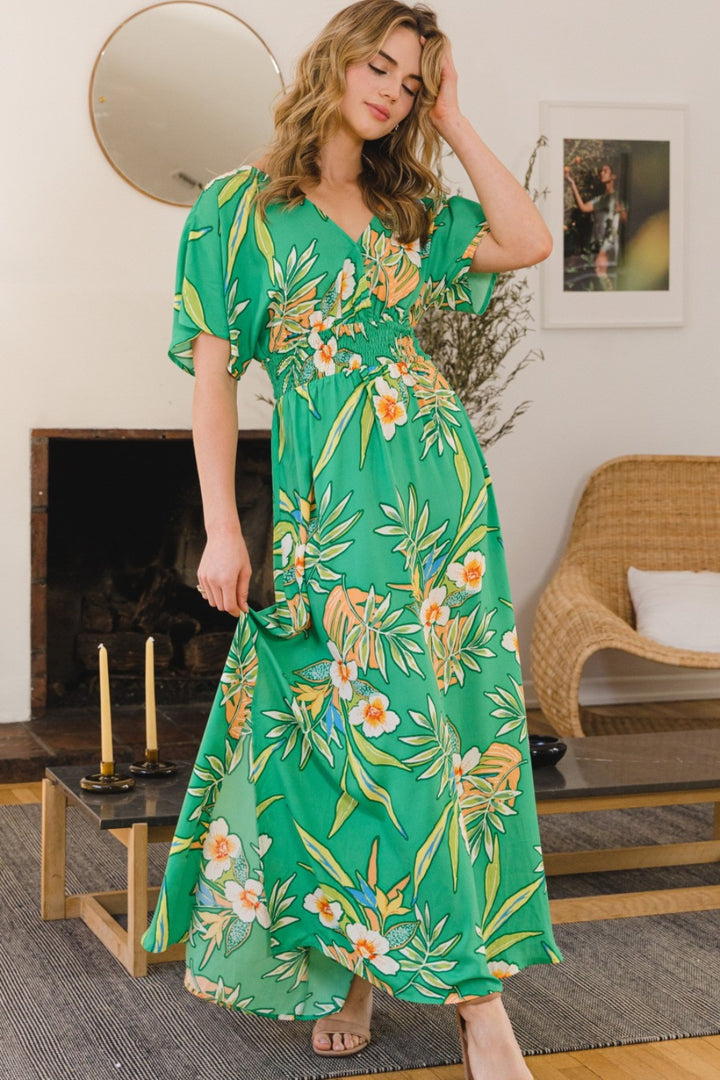 ODDI Full Size Floral Smocked Tied Back Maxi Dress | Trendsi