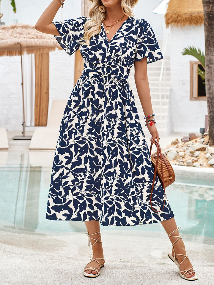 Printed Surplice Short Sleeve Midi Dress | Trendsi