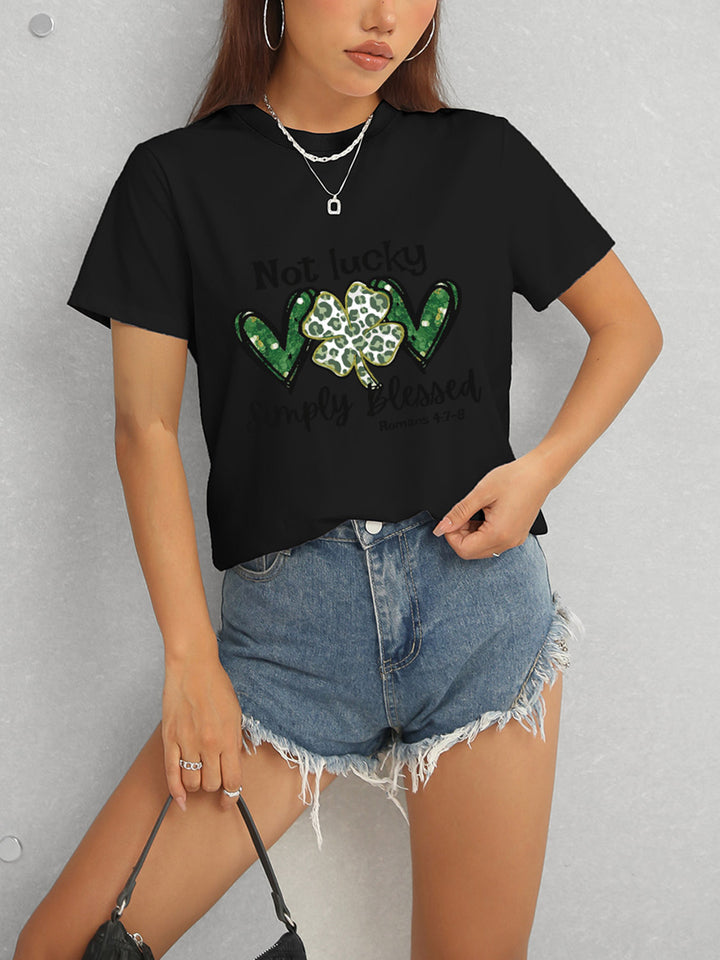 Lucky Clover Round Neck Short Sleeve T-Shirt | Trendsi