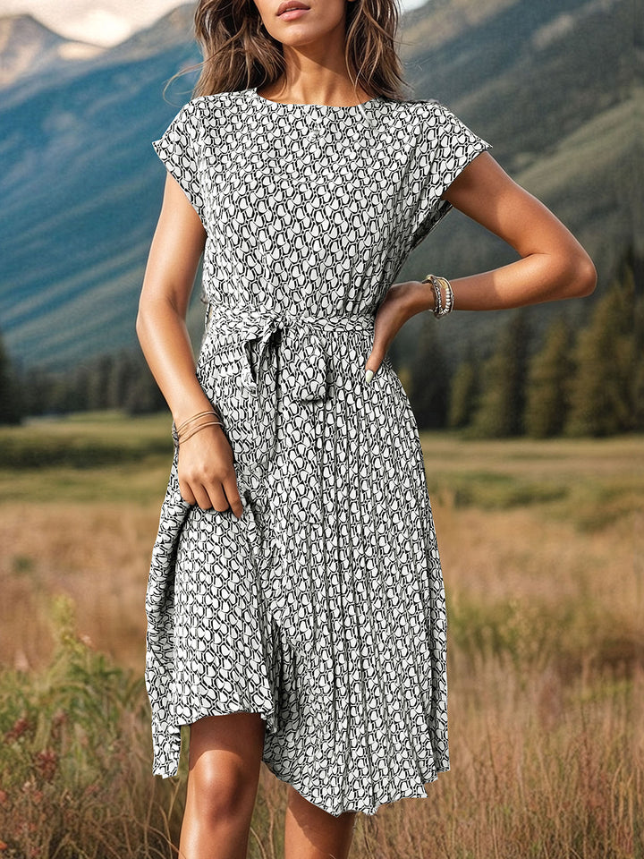 Printed Cap Sleeve Tie Waist Dress | Trendsi