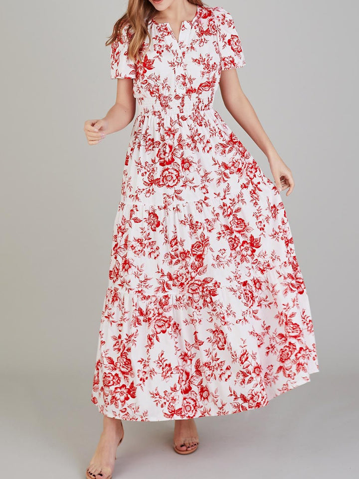 Tiered Floral Notched Short Sleeve Dress | Trendsi