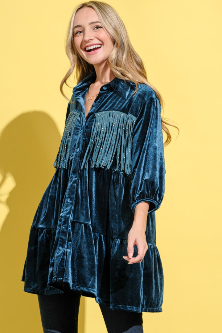 And The Why Fringe Detailed Velvet Shirt Dress | Trendsi