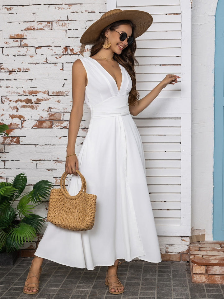 Full Size Slit V-Neck Sleeveless Midi Dress | Trendsi