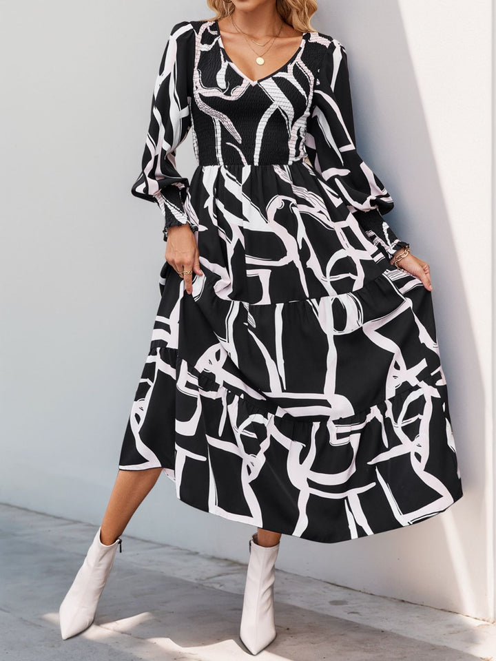 Perfee Smocked Printed Long Sleeve Midi Dress | Trendsi