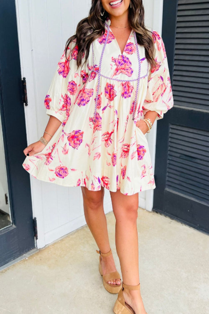 Tied Flower Printed Three-Quarter Sleeve Dress | Trendsi