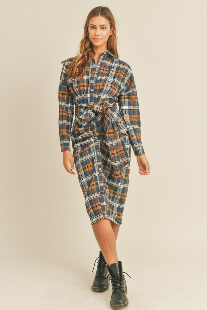 Mable Plaid Flannel Front Tie Button Down Shirt Dress | Trendsi