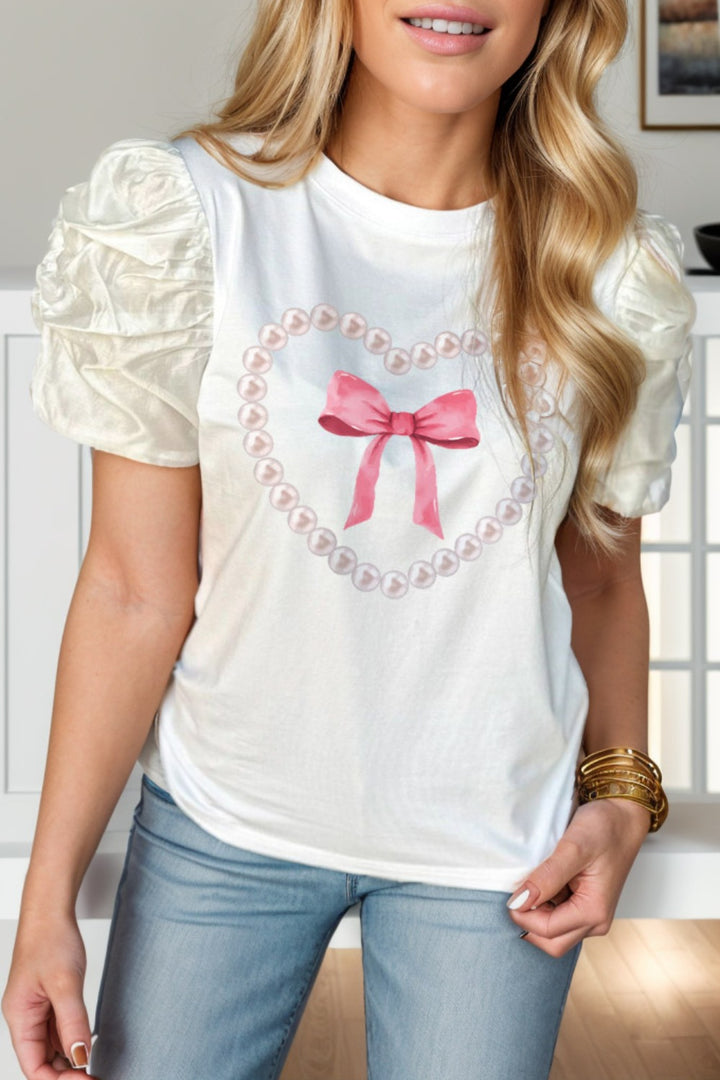 Bow Graphic Round Neck Short Sleeve Blouse | Trendsi