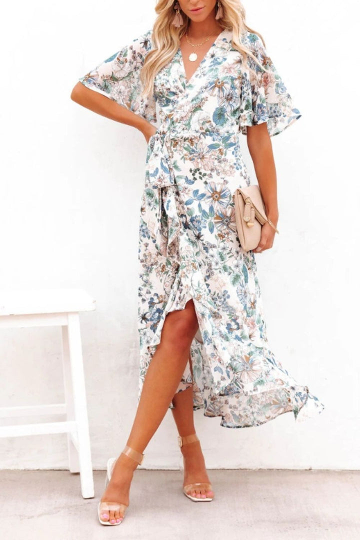 High-Low Printed Surplice Flutter Sleeve Midi Dress | Trendsi