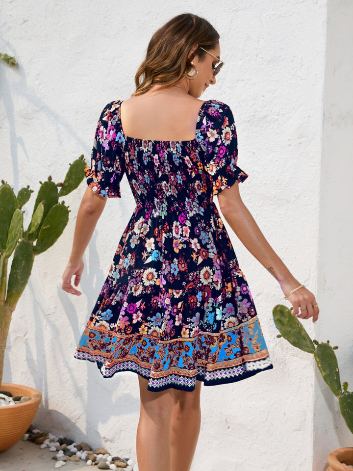 Printed Square Neck Short Sleeve Dress | Trendsi