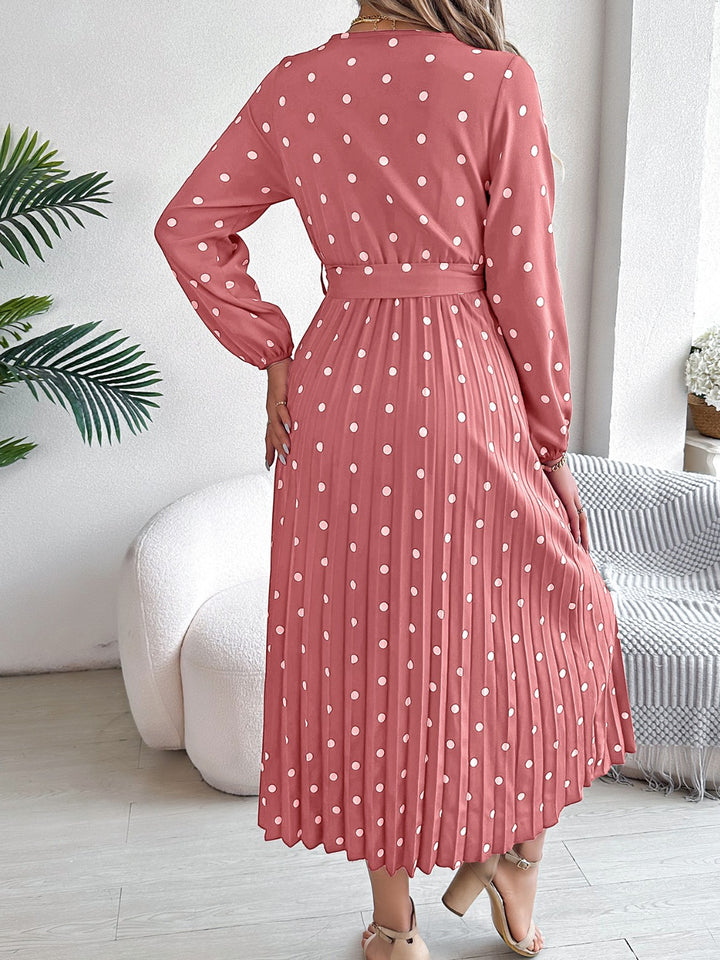 Tied Polka Dot Long Sleeve Midi Dress | Trendsi