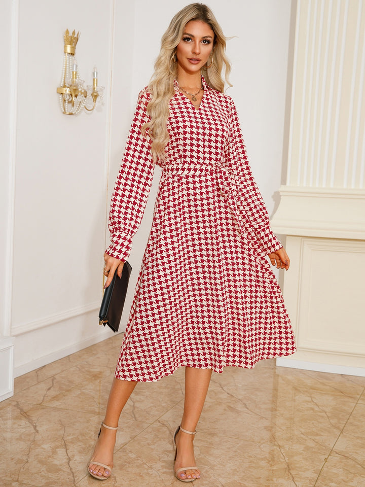 Tied Houndstooth Long Sleeve Midi Dress | Trendsi