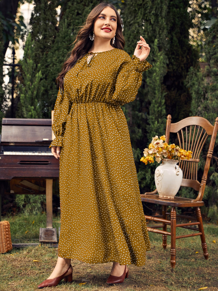 Plus Size Ruffled Polka Dot Long Sleeve Midi Dress | Trendsi