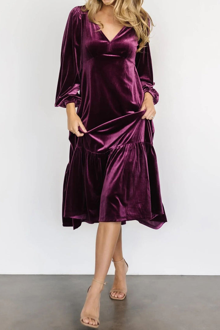 V-Neck Long Sleeve Midi Velvet Dress | Trendsi