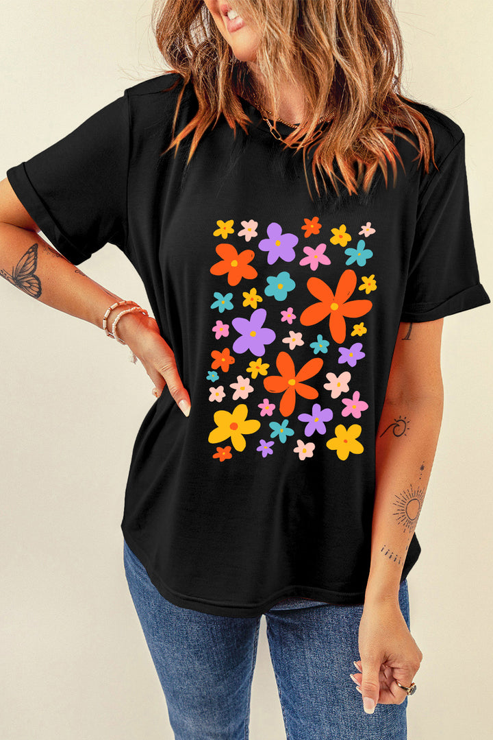 Flower Graphic Round Neck Short Sleeve T-Shirt | Trendsi