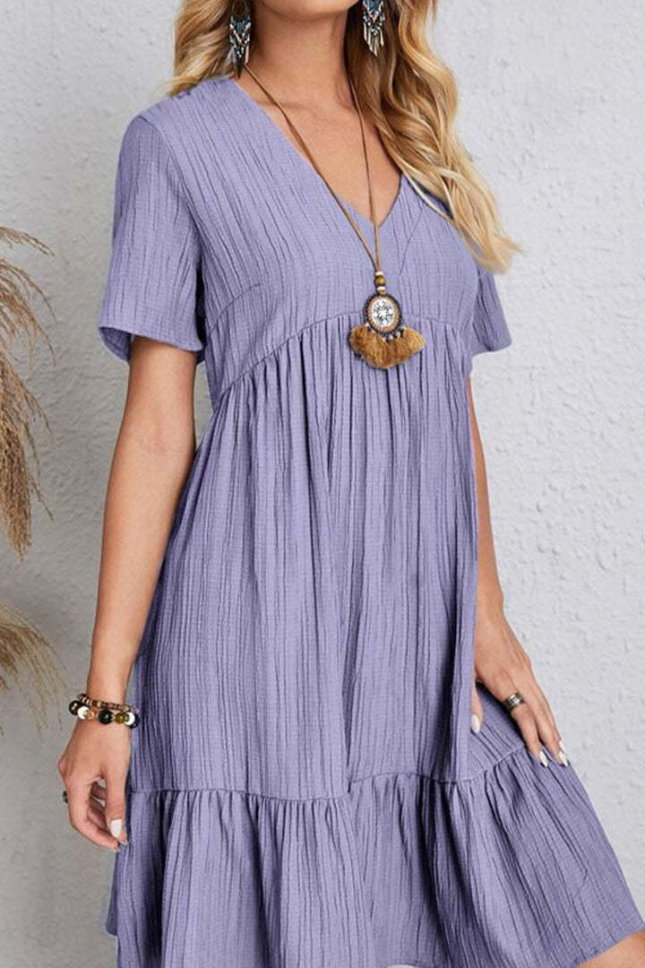 Full Size Ruched V-Neck Short Sleeve Dress | Trendsi