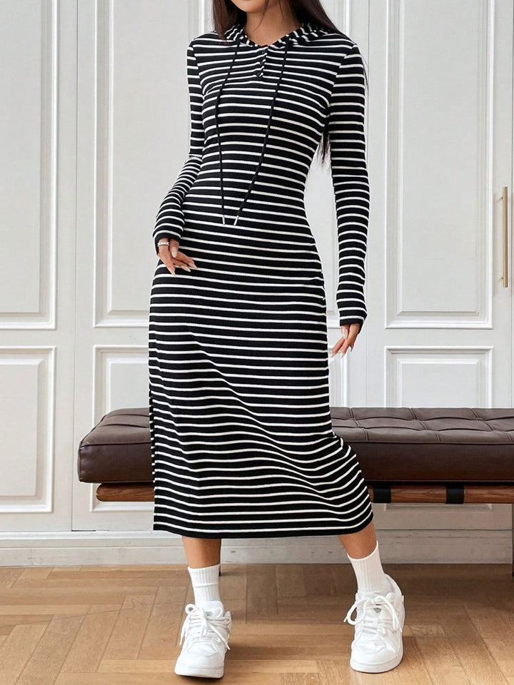 Drawstring Striped Long Sleeve Hooded Dress | Trendsi