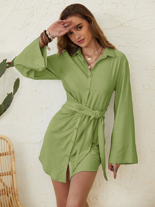 Collared Neck Long Sleeve Mini Shirt Dress | Trendsi