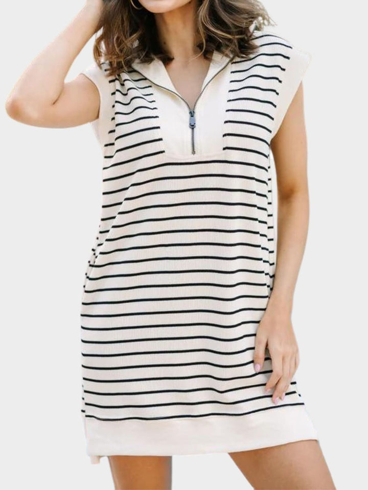 Full Size Pocketed Striped Quarter Zip Cap Sleeve Dress | Trendsi