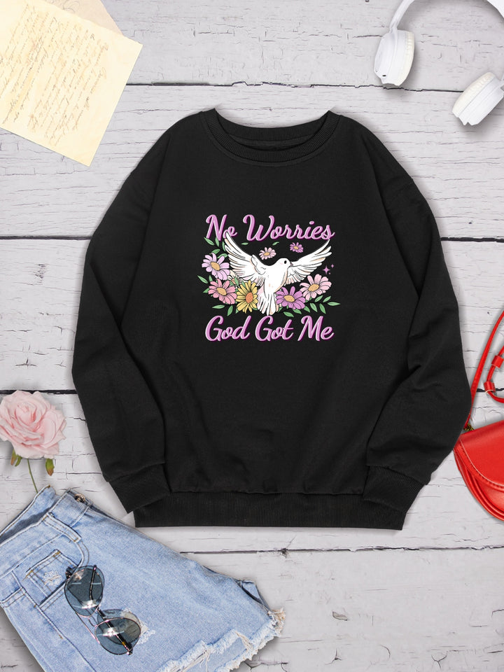 NO WORRIES GOD GOT ME Round Neck Sweatshirt | Trendsi