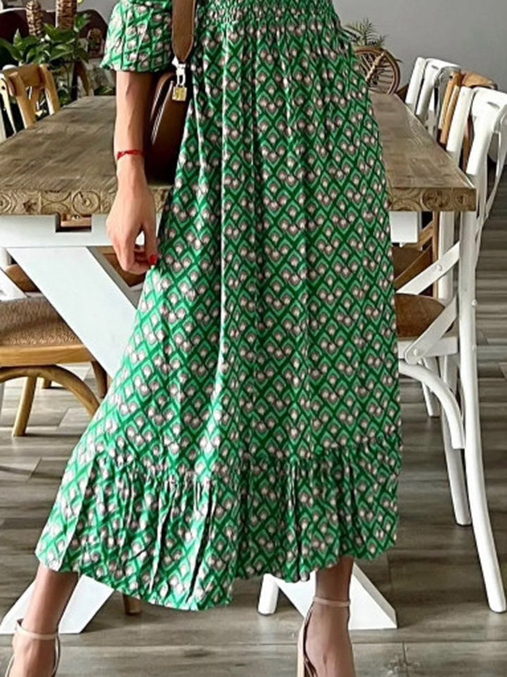 Smocked Printed V-Neck Midi Dress | Trendsi