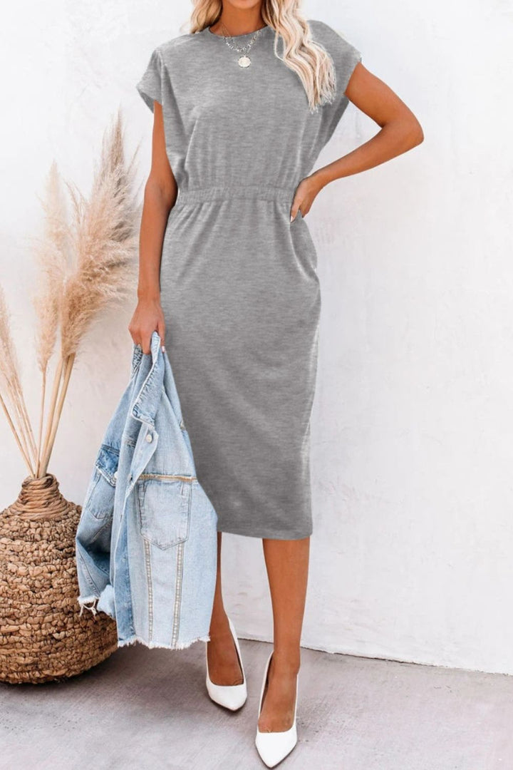 Pocketed Round Neck Cap Sleeve Dress | Trendsi