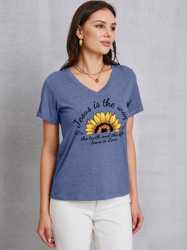 Sunflower V-Neck Short Sleeve T-Shirt | Trendsi