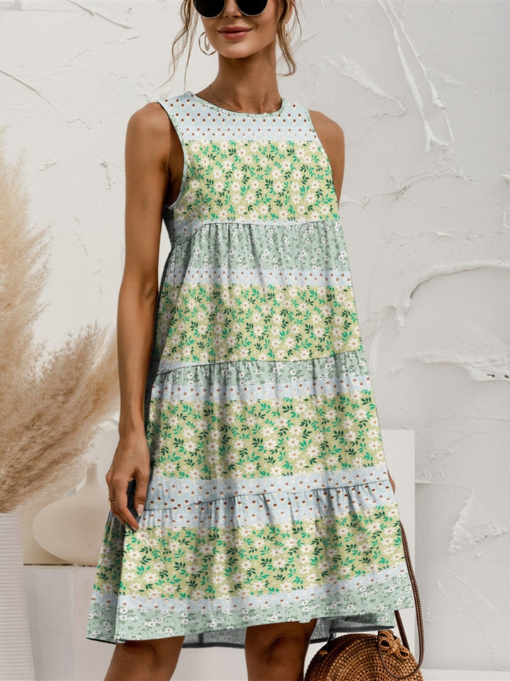 Tiered Printed Round Neck Sleeveless Dress | Trendsi