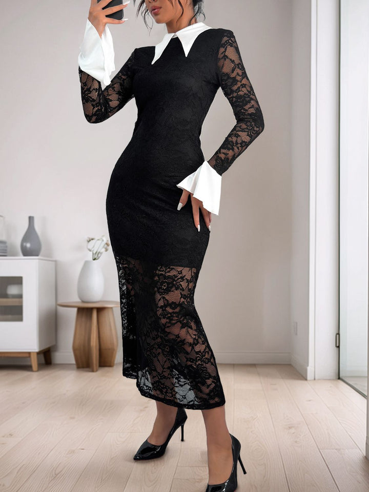 Perfee Lace Contrast Collared Neck Long Sleeve Midi Dress | Trendsi