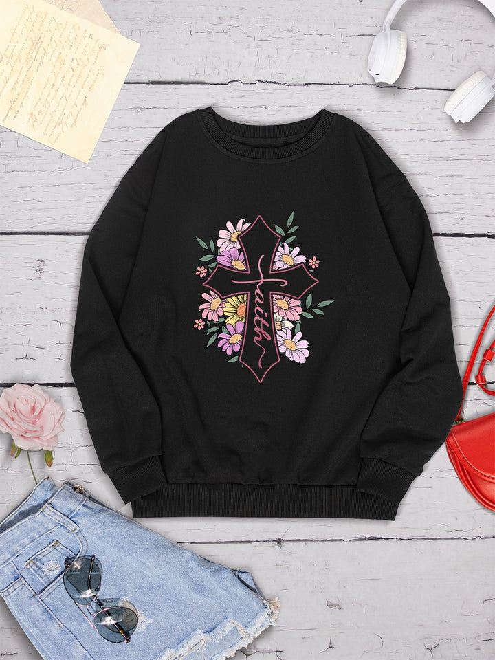 Cross Graphic Round Neck Dropped Shoulder Sweatshirt | Trendsi