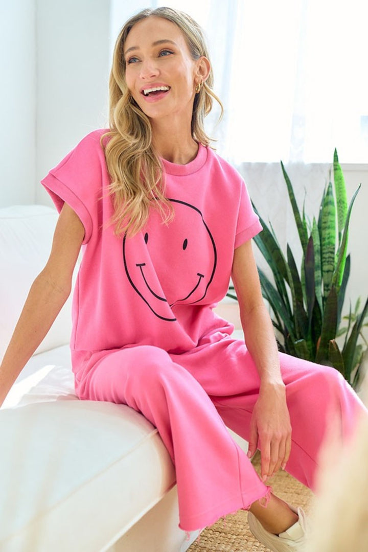 First Love Smile Face Drop Shoulder Brushed Inside T-Shirt | Trendsi